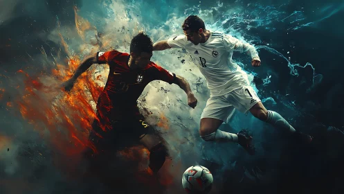 Rival soccer players clash amid explosive fire and ice energy