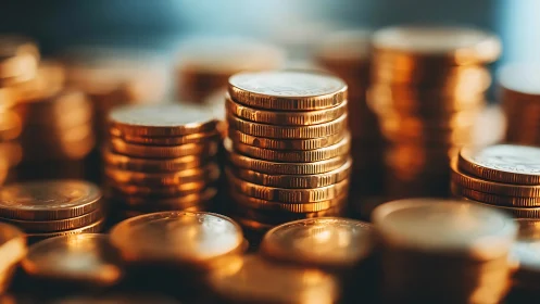 Stacks of golden coins arranged in tightly packed rows