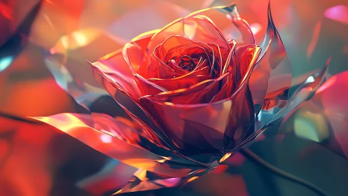 Crystal red rose with reflective petals on soft bokeh.