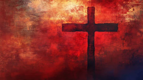 Dark cross silhouette rises against textured red light