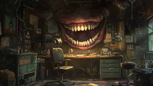Digital painting of derelict lab with monstrous wall mouth.