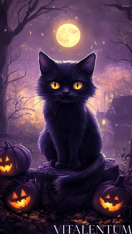 Black cat with amber eyes sits before full moon and jack-o-lanterns.