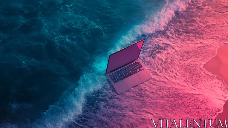 Open laptop hovers above neon-lit shoreline in surreal contrast