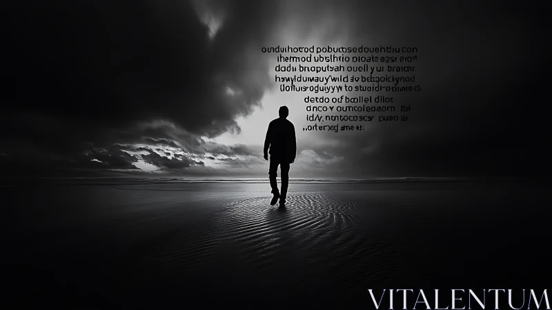 Silhouette stands on wet beach under dark storm clouds