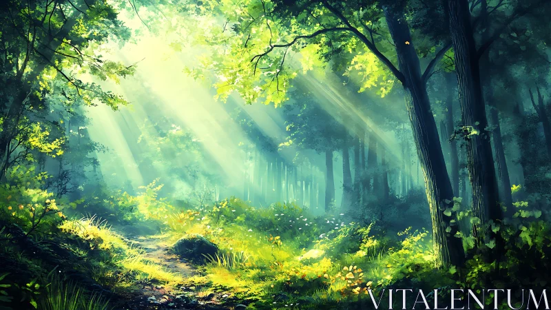 Sunlit Forest Path Through Ancient Woods.
