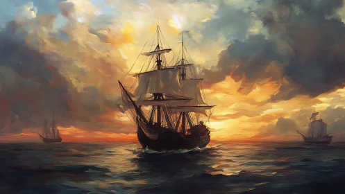 Sunlit three-masted sailing ship rendered with dynamic brushwork