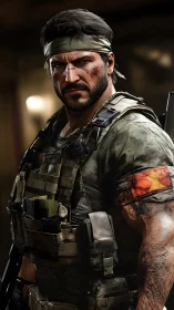 Digital rendering of armed soldier in tactical gear profile.