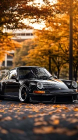 Sleek black sports car rests under glowing autumn trees