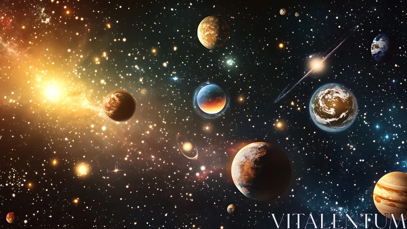 Gentle cosmic panorama with glowing planets and stardust.