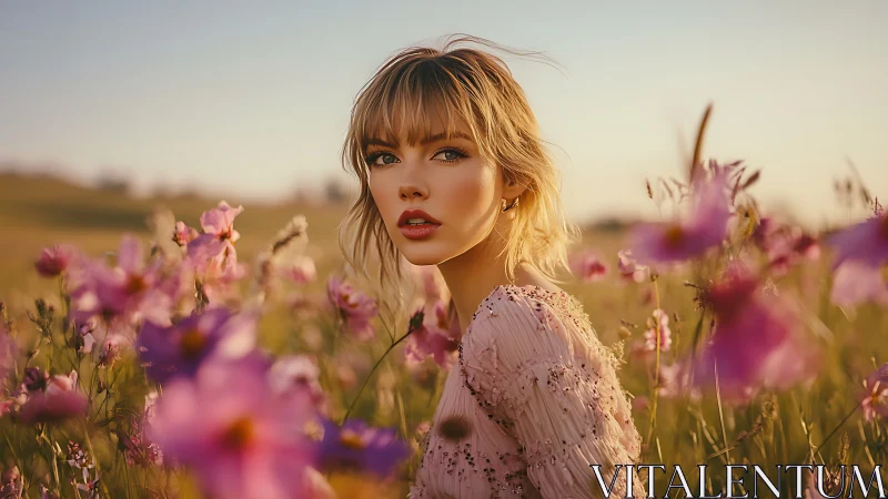 Golden hour portrait in wildflower field with shallow depth of field