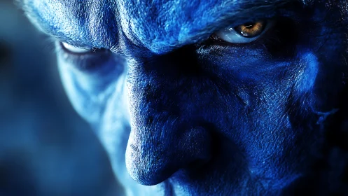 Intense blue humanoid close-up with golden predatory gaze.