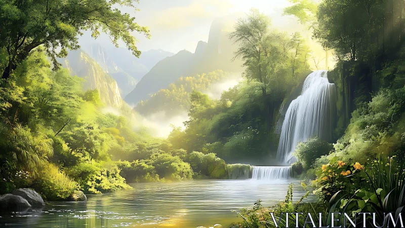 Sunlit waterfall sanctuary tucked into misty green mountains.