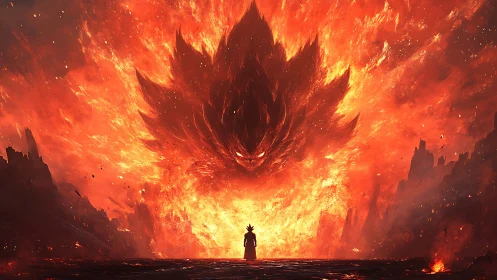 Volcanic-scale infernal entity confronting lone silhouette.