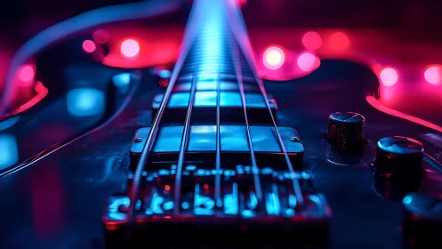 Electric guitar strings under neon blue and pink light.