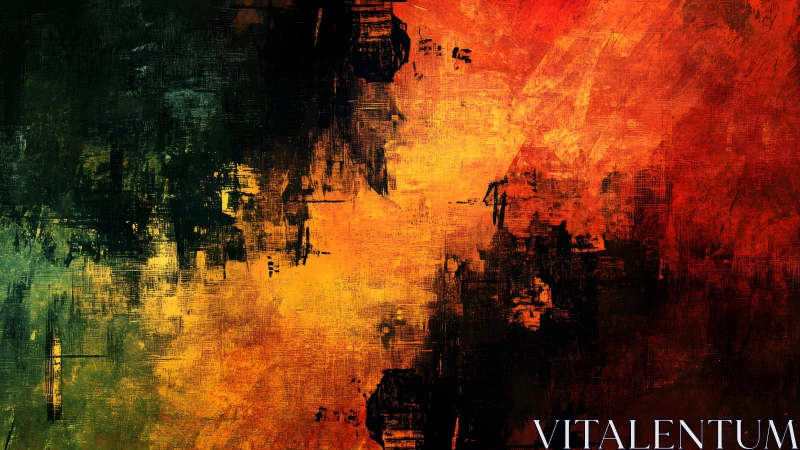 Abstract fiery textured painting with bold brushstrokes and vivid contrasts.