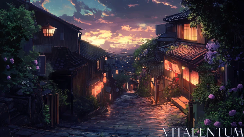 Narrow stone street descends between lit wooden houses at dusk