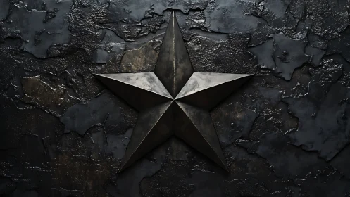 Metallic five-point star projects from distressed black wall surface