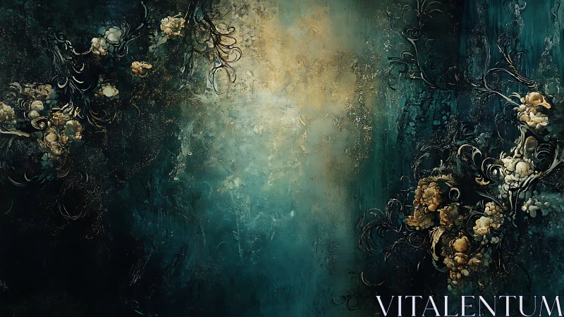 Textured teal floral abstraction with clustered blossoms.