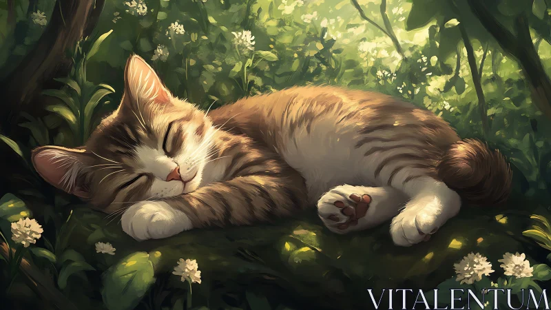 A Peaceful Tabby Cat Naps Soundly in a Green Garden