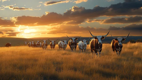 Longhorn cattle walk through dry grassland at sunset