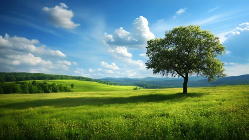Isolated deciduous tree anchors sunlit meadow under stratocumulus sky