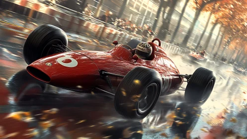 Vintage red race car speeding through wet city circuit