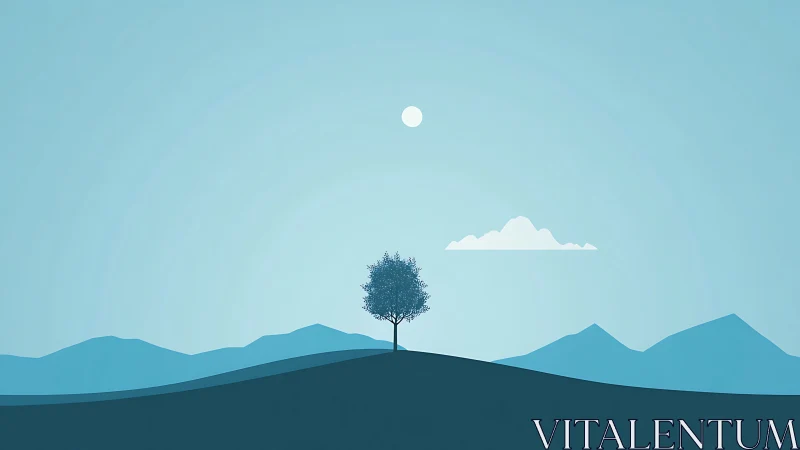 Minimalist blue landscape with lone tree under bright sky.