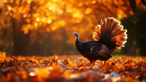 Wild turkey struts through glowing autumn leaves at sunset.