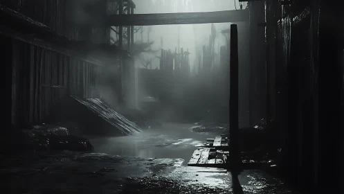 Foggy flooded alleyway between decayed wooden buildings
