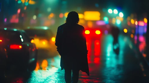 Silhouetted figure walking on wet city street at night.