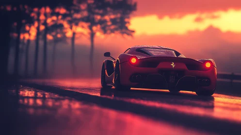Crimson supercar glows against a rain-slick neon sunset road.
