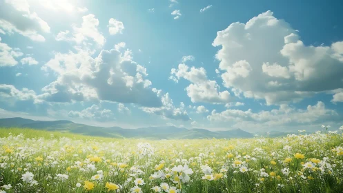 Gentle wildflower meadow under drifting summer clouds.