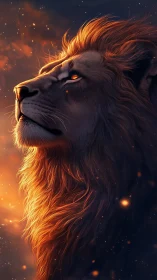 Majestic lion portrait rendered in dramatic ember side light
