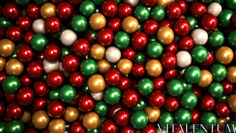 Dense array of glossy red, green, gold and white spheres.