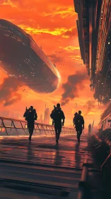 Futuristic walkway with armed figures and airborne vessel.