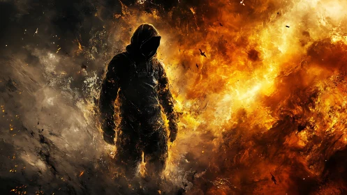 Hooded silhouette stands between raging fire and shadow storm