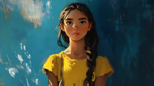 Girl with long braid in yellow dress against blue backdrop.