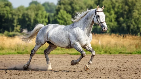 Galloping white horse enjoys a bright day outdoors