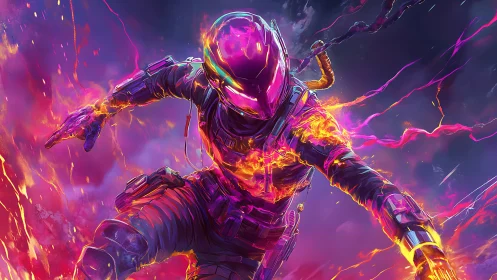 Neon inferno ranger dives through a storm of cosmic fire.