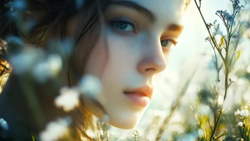 Soft daylight portrait frames serene face amid wildflowers