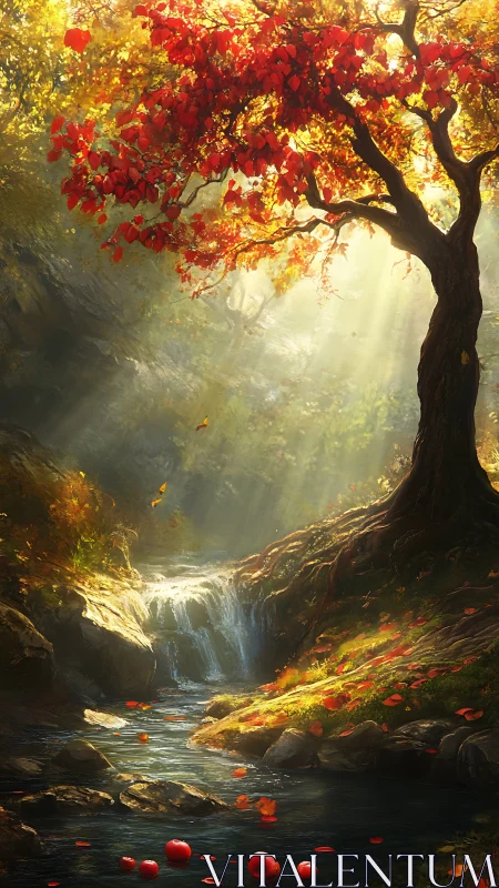 Autumn tree above waterfall in glowing forest light.