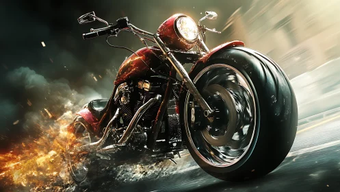 Powerful red motorcycle racing through city street.