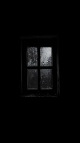 Old dirty window centered in deep surrounding darkness