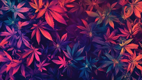 Psychedelic cannabis leaves glow in neon gradient hues.