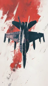 Stealth fighter jet cuts through bold red abstract sky