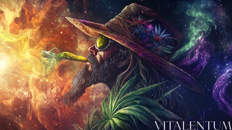 Cosmic wanderer exhales neon smoke in a trippy galaxy dream