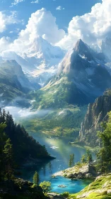 Mountain valley landscape shows lake, cliffs and clouds clearly