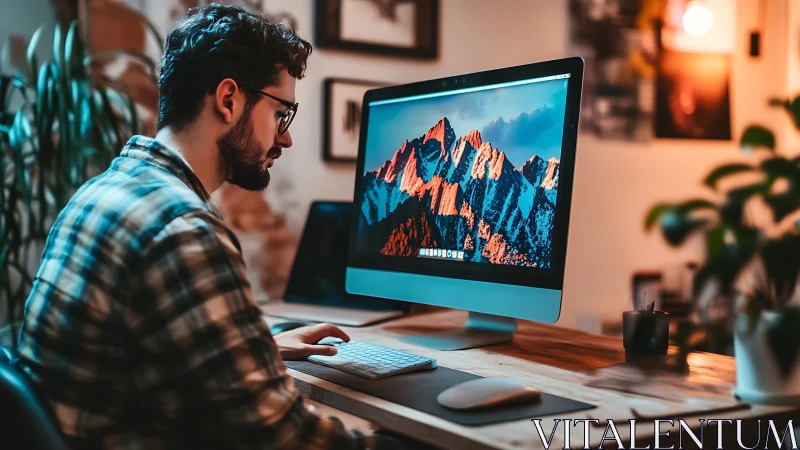 Late-night mountain coder at a cozy glowing workstation.