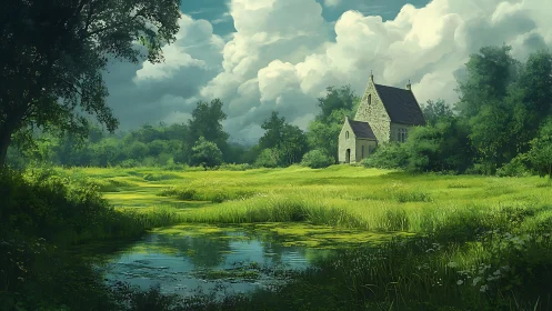 Quiet stone chapel beside a dreamy green meadow pond.