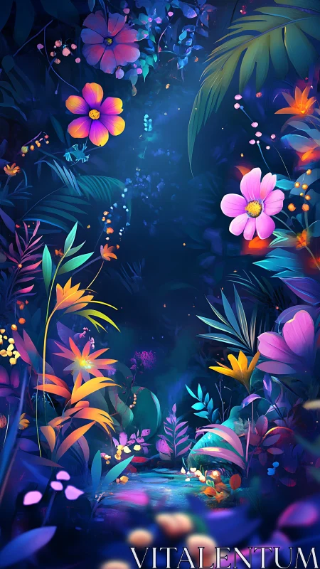 Midnight garden path glowing with playful neon blossoms.